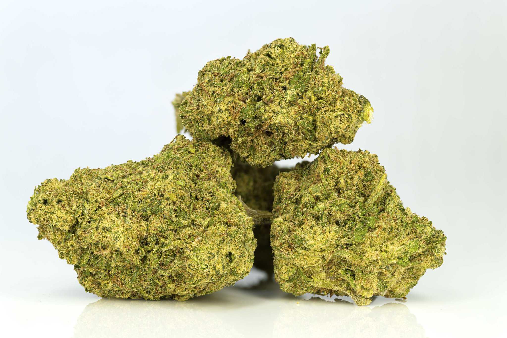Close-up of cannabis buds on white background.