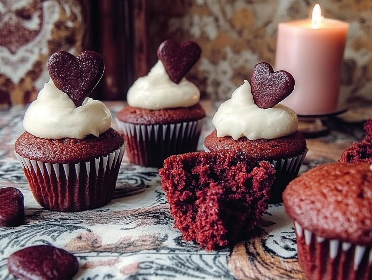 Close-up of red velvet cannabis-infused cupcakes topped with cream cheese frosting and heart-shaped decorations, displayed on a patterned tablecloth with a lit candle in the background.