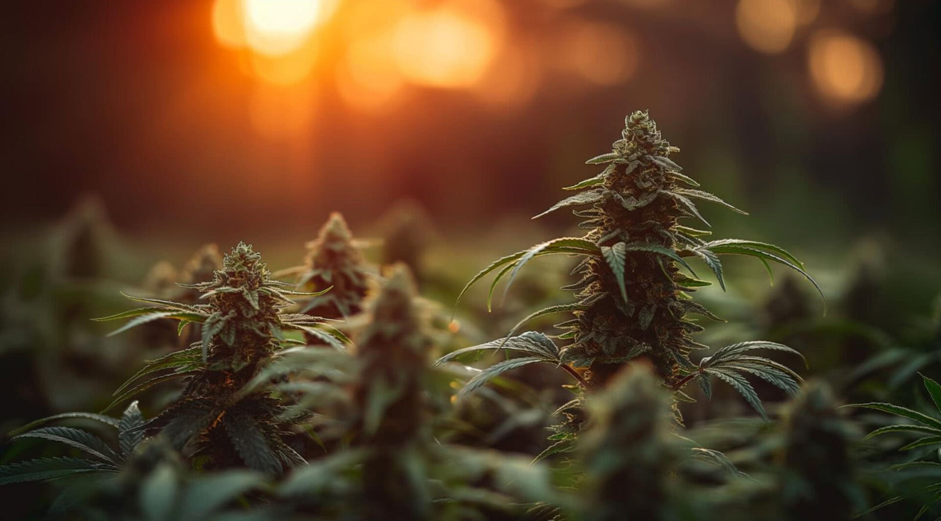 Close-up of mature hemp plants in a field at sunset, highlighting trichome-rich THCa flower buds in a natural outdoor setting.