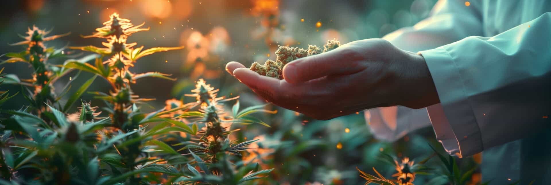 Gloved hand holding harvested hemp buds above a field of mature hemp plants at sunset, representing natural cannabinoid synergy and the entourage effect.