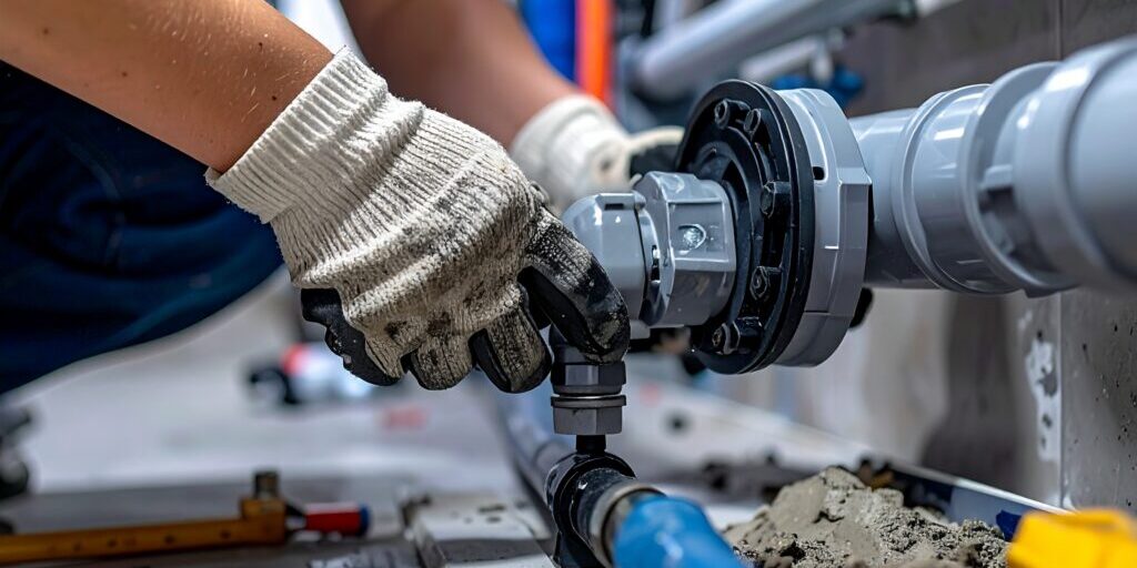 Firefly_Close-up of a plumber's gloved hands installing a residential sewage ejector pump in 813963