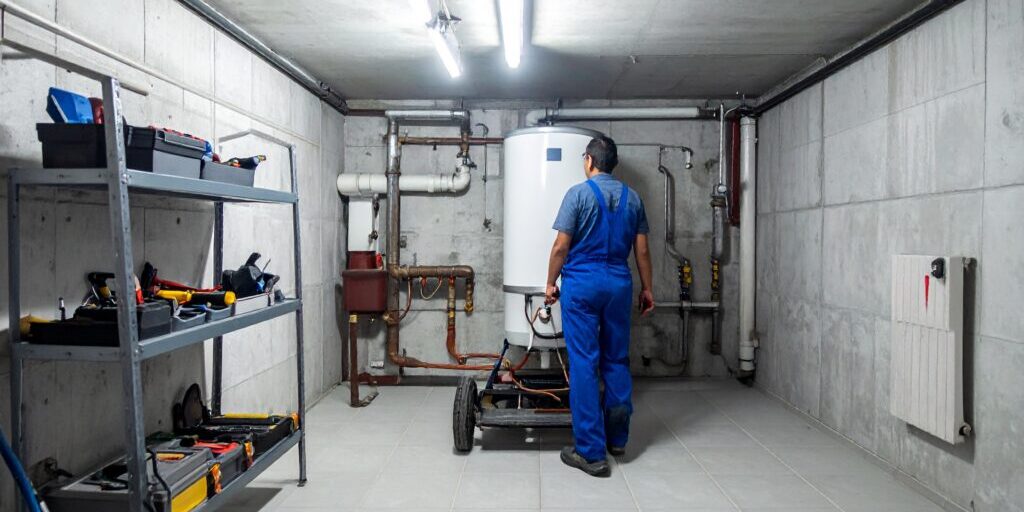 Firefly_Professional plumber's hands removing an old water heater and positioning a new unit 309830