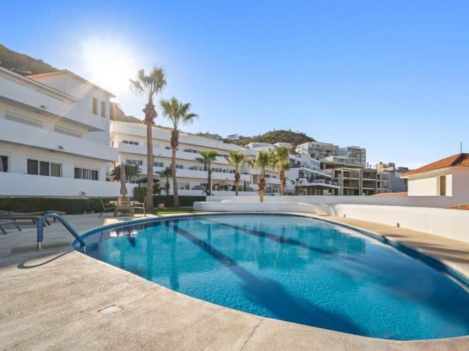 Swimming Pool At Pedregal Luxury Condo Complex With Palm Trees And Modern White Buildings In The Background, Sunny Day, Clear Blue Sky.