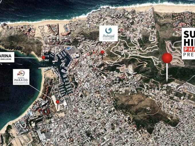 Elegant Pedregal Coastal Community Map Highlighting Sunset Hills Phase 2 Pre-Sale Area And Nearby Landmarks Like El Arco, Marina Cabo San Lucas, And Puerto Paraiso.