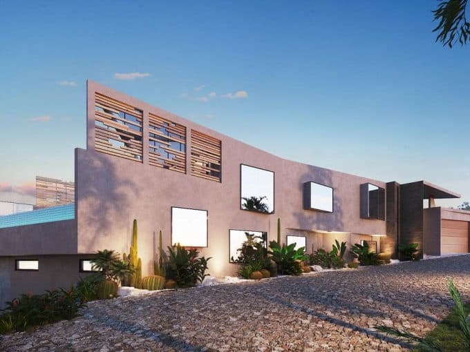 Contemporary Pedregal Luxury Home With Modern Design, Large Windows, And Desert Landscaping, Set Against A Sunset Sky, Showcasing Upscale Real Estate In Pedregal.