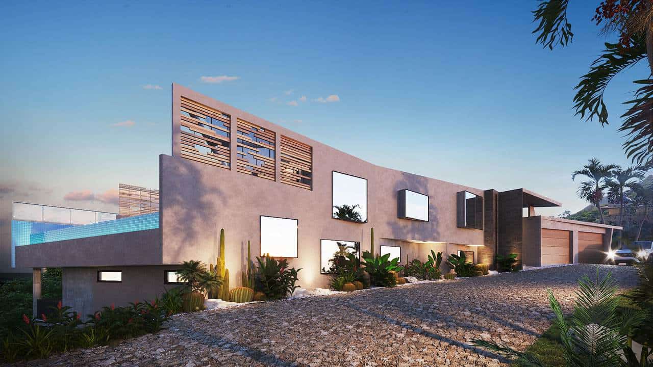 Contemporary Pedregal Luxury Home With Modern Design, Large Windows, And Desert Landscaping, Set Against A Sunset Sky, Showcasing Upscale Real Estate In Pedregal.