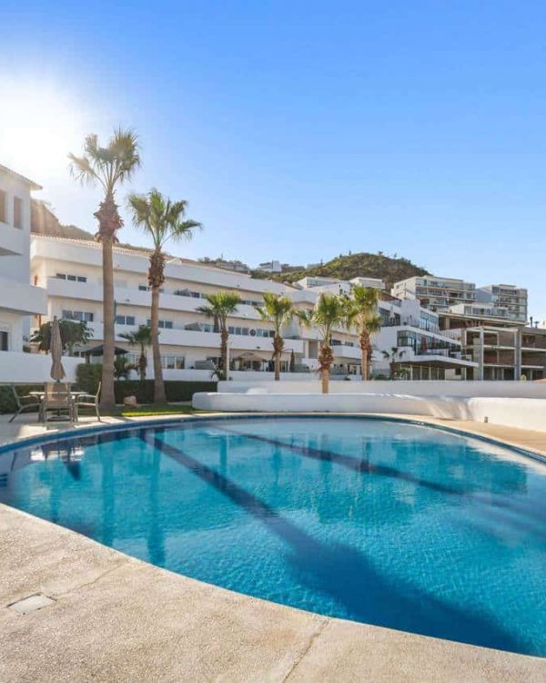 Swimming Pool At Pedregal Luxury Condo Complex With Palm Trees And Modern White Buildings In The Background, Sunny Day, Clear Blue Sky.