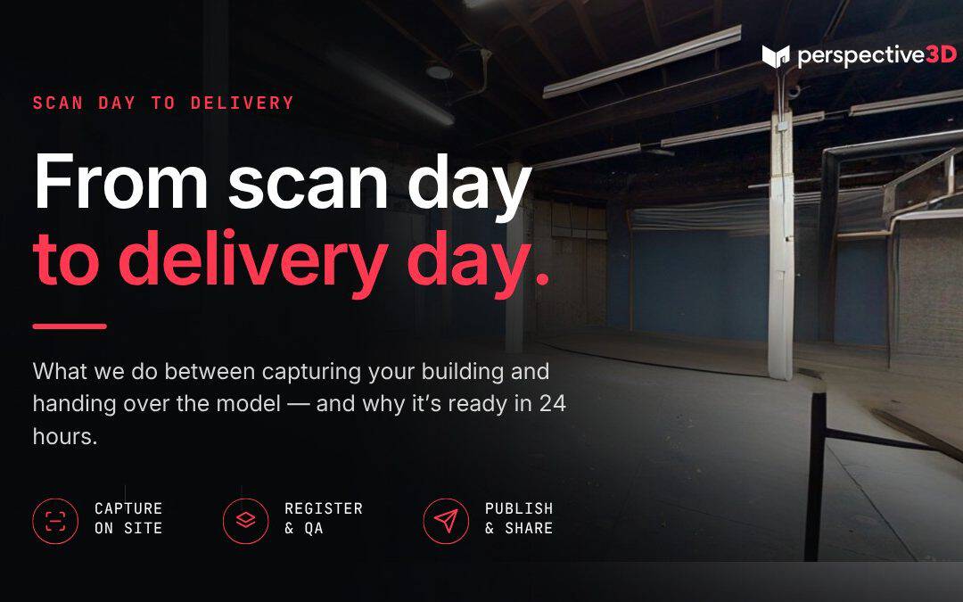 Matterport scan to delivery workflow — commercial interior being processed from capture to shareable model by Perspective 3D Michigan