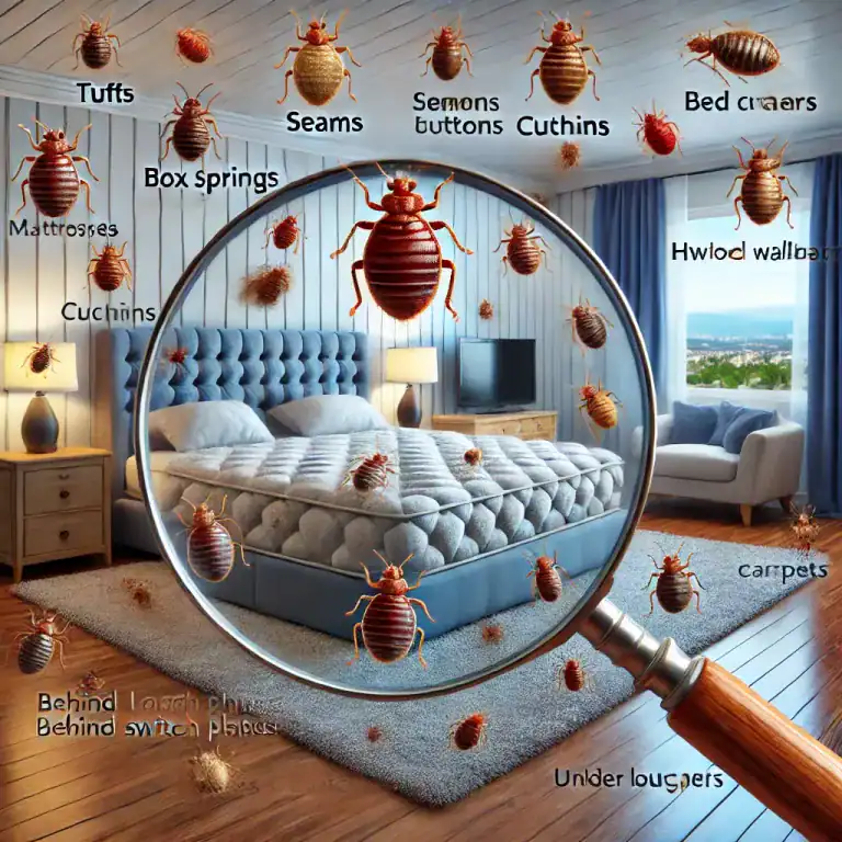 bed bugs hiding spots such as tufts - Pest Dominion, Pest Control Services Slough image of bed bugs (Cimex lectularius) magnified under a glass in a bedroom setting, showing their presence in multiple hiding spots such as tufts