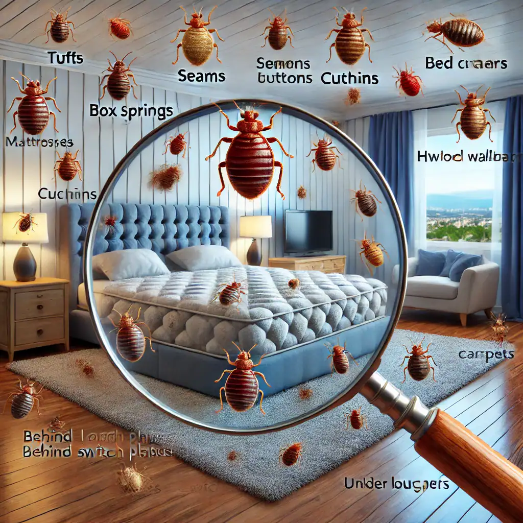 bed bugs hiding spots such as tufts - Pest Dominion, Pest Control Services Slough image of bed bugs (Cimex lectularius) magnified under a glass in a bedroom setting, showing their presence in multiple hiding spots such as tufts