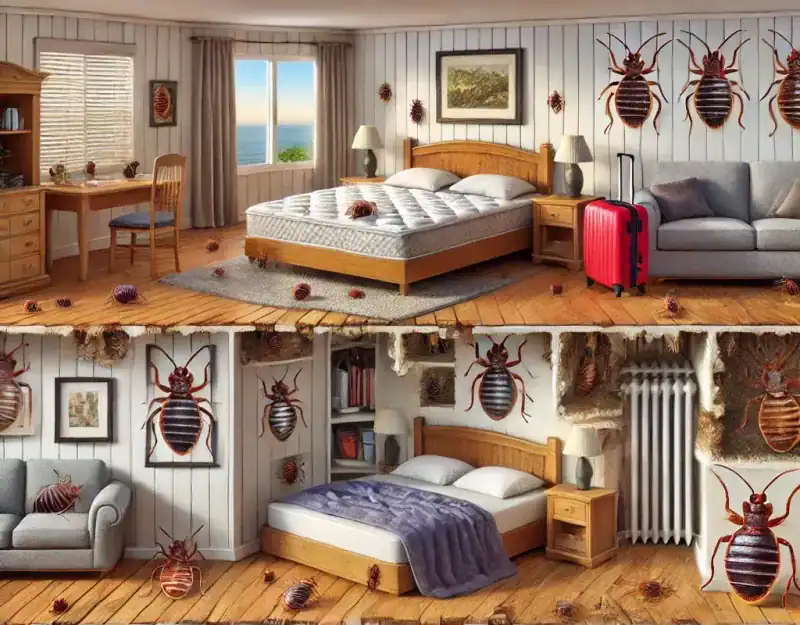 image of a bedroom with multiple hiding spots for bed bugs - Pest Dominion, Pest Control Services Slough image of a bedroom with multiple hiding spots for bed bugs. The scene includes close-ups of bed bugs hiding in places such as the tufts, s.webp