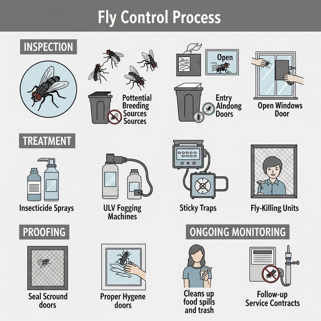 fly control process - Pest Dominion, Pest Control Services Slough Fly Control Process Inspection – Identify the species, breeding sources, and entry points. Treatment – We use a mix of insecticides, ULV fogging, traps, and fly-killing units. Proofing – Advice and installation of fly screens, sealing gaps, and hygiene improvement. Ongoing Monitoring – Optional follow-ups or service contracts for high-risk sites.