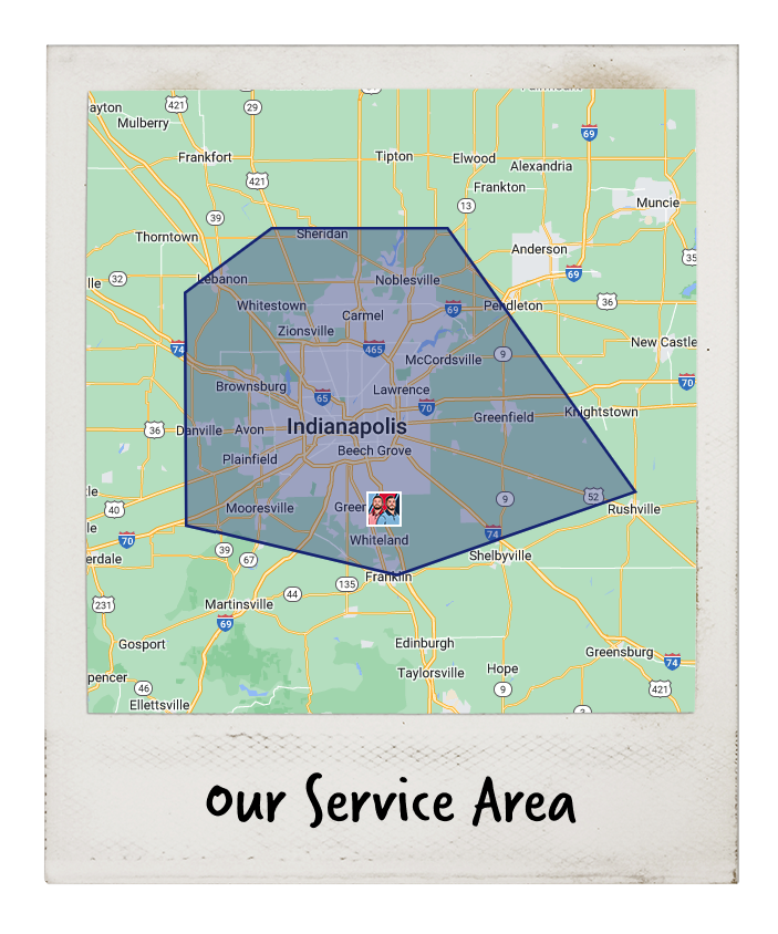 A Map Highlighting Indianapolis And Surrounding Areas, Indicating The Geographic Service Area With A Shaded Polygon. Text Below Reads “Our Service Area.”.