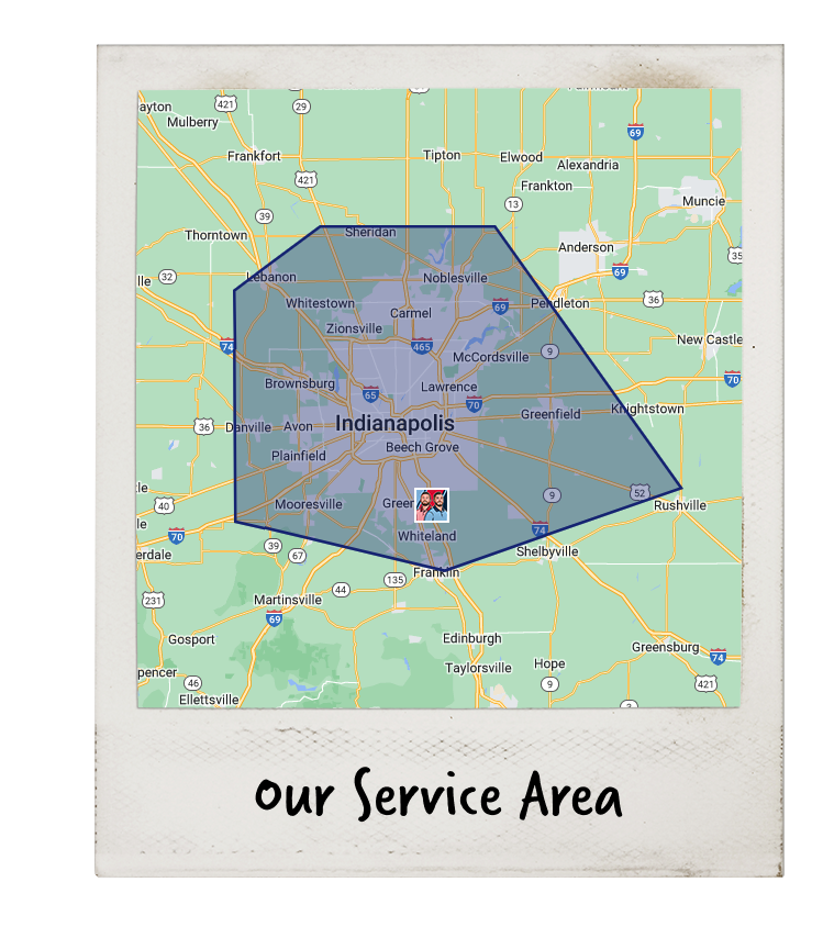 A Map Highlighting Indianapolis And Surrounding Areas With A Blue Polygon Labeled As 'Our Service Area.'.
