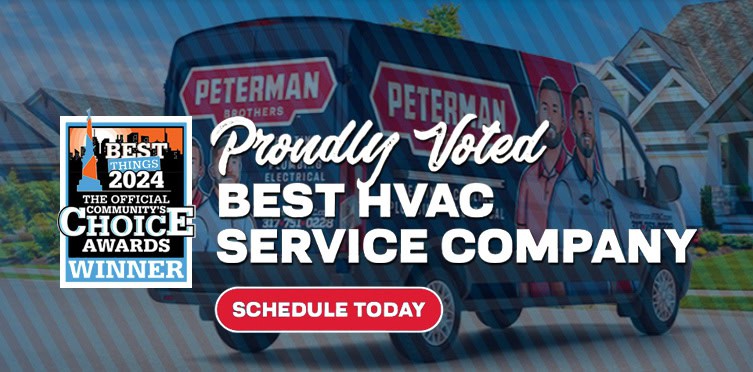 A Van With “Peterman Brothers” Branding Announces Their Award For Best Hvac Service Company 2024, With A “Schedule Today” Button And An Award Badge On The Left.