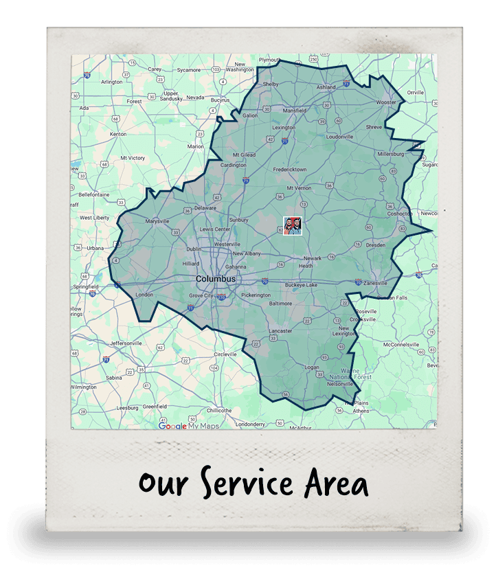 A Map Highlights The Columbus, Ohio Area With A Shaded Region Indicating The Service Area, Labeled “Our Service Area” At The Bottom.