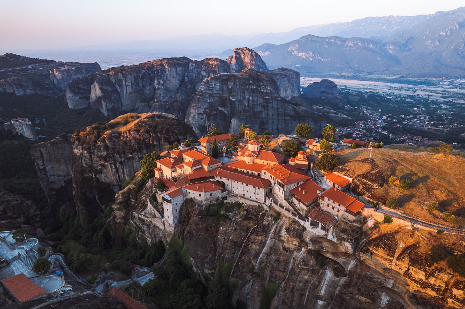 The first morning light on the Meteora monasteries in Greece