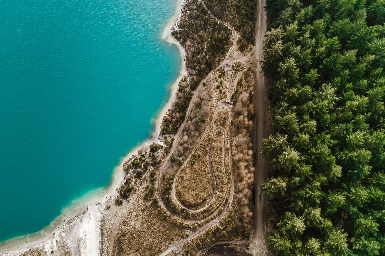 Lake Drone shot with trees and a pathway
