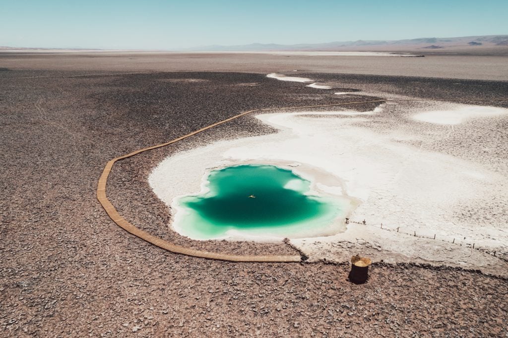 Drone photo of hidden Lagoons of Baltinache in Atacama Desert, Chile