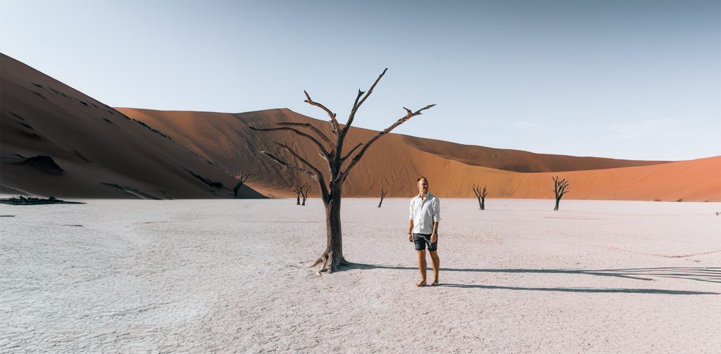 Person standing next to old tree in desert in Namibia