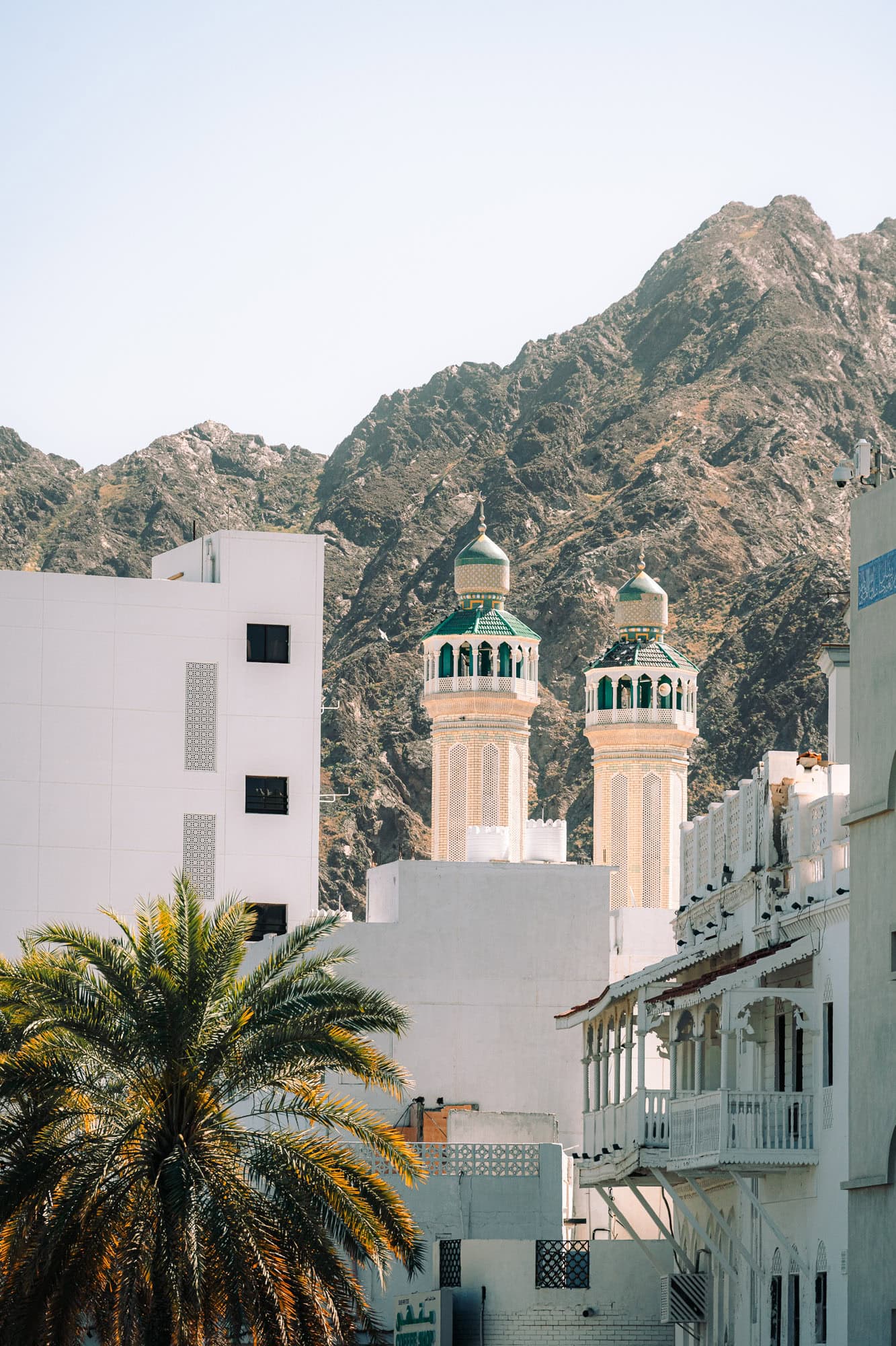 Mosque with palm tree and mountains in the backdrop in Mutrah, Muscat