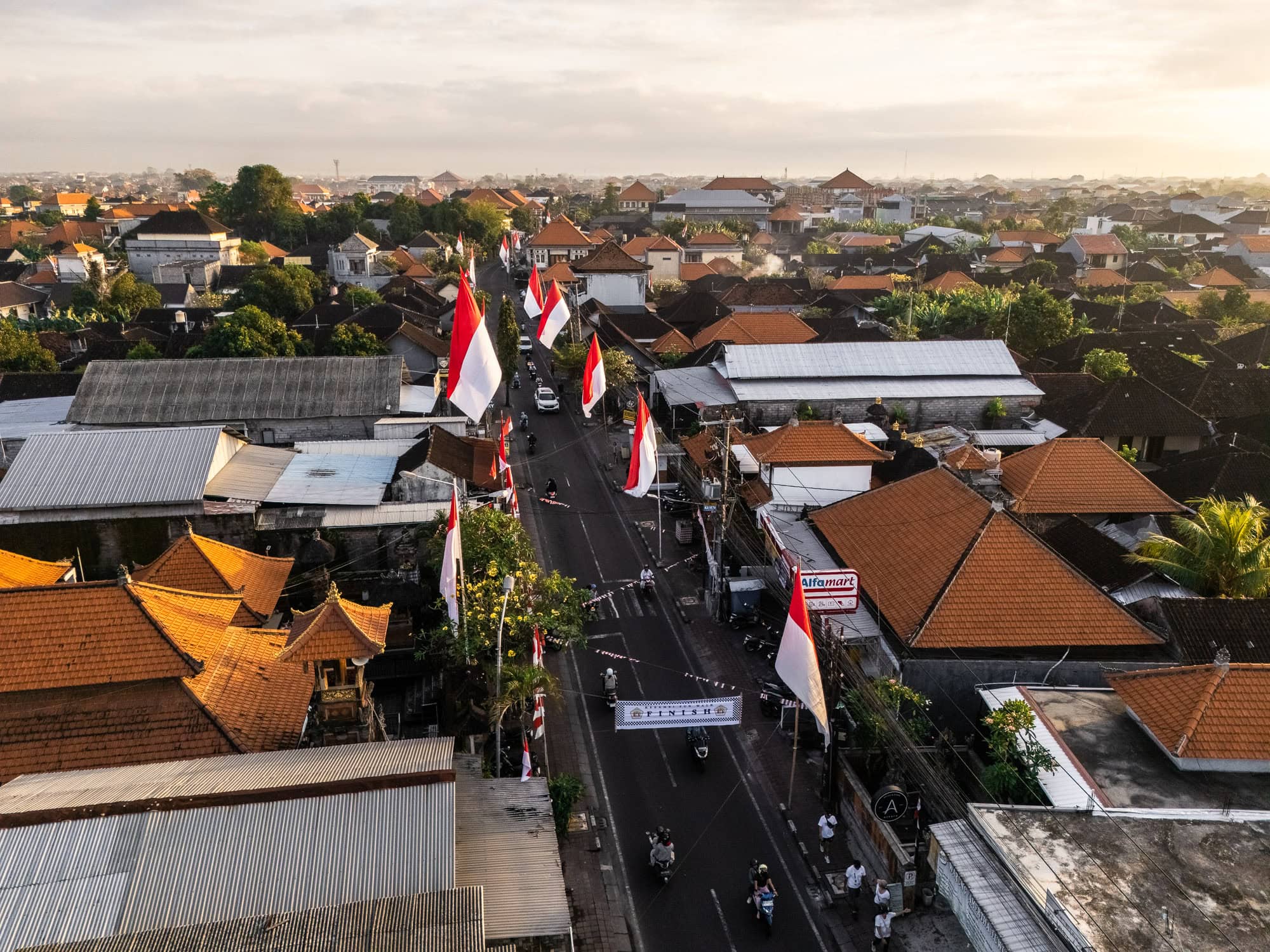 Aerial photo of Indonesian flags on independence day