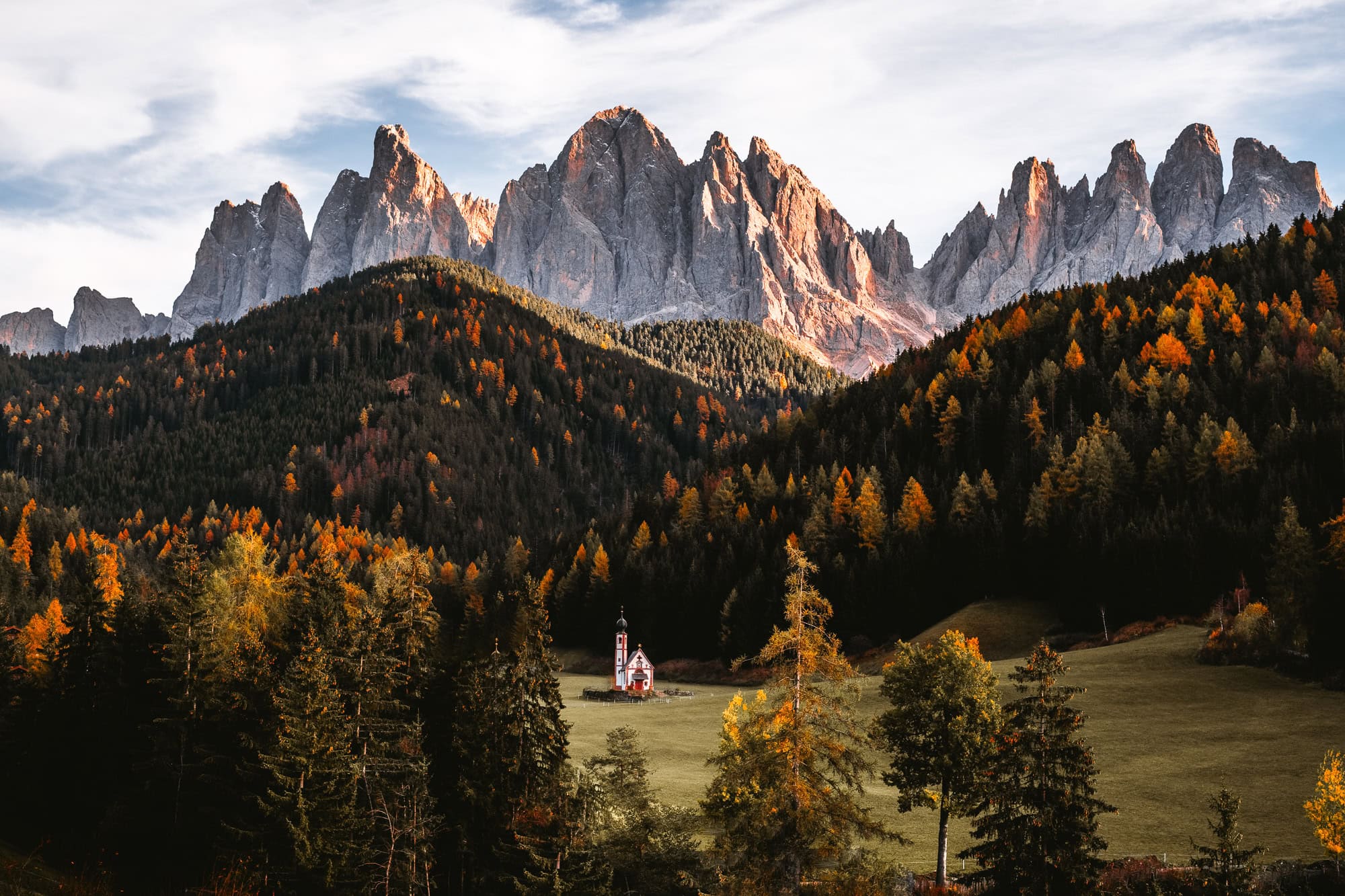 Ranui Church in Dolomites, Italy during Fall Season