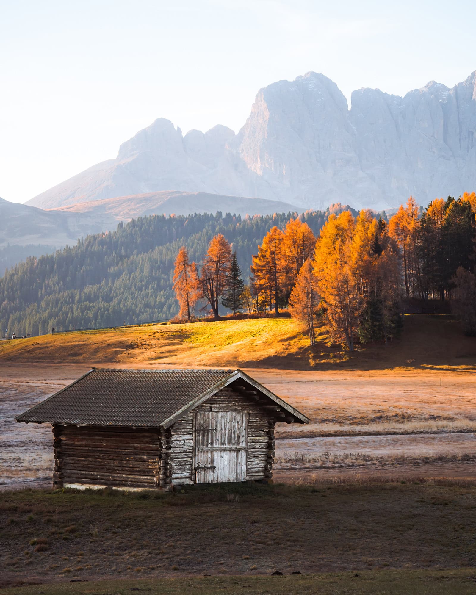 Mountain hut in fall in Dolomites, Italy
