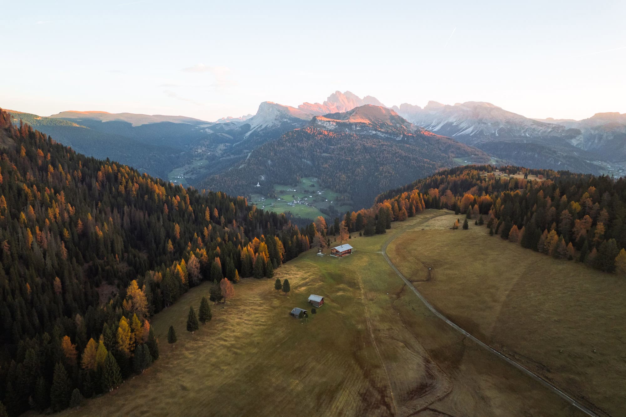 Aerial view in Italian Dolomites during Fall Season