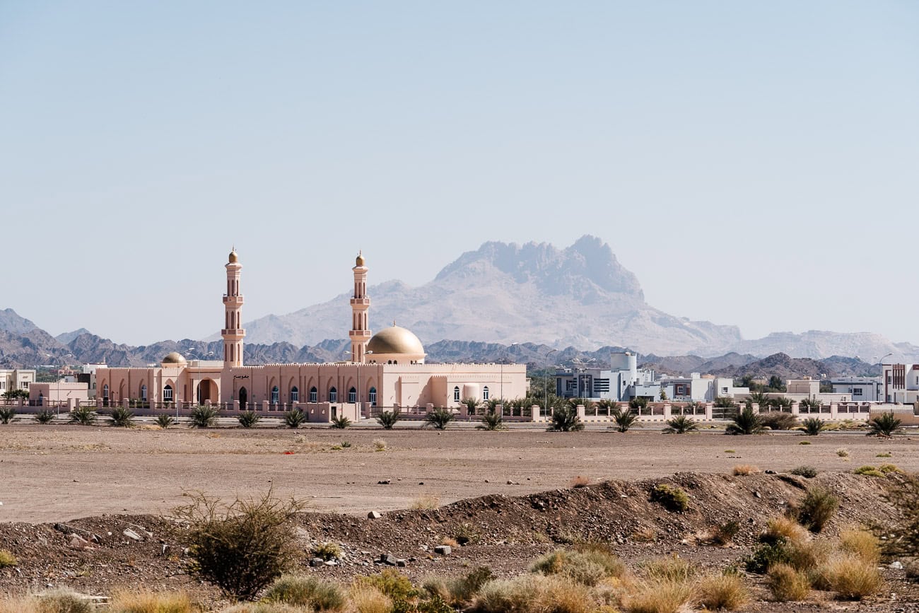 View of mosque and mountain in Oman