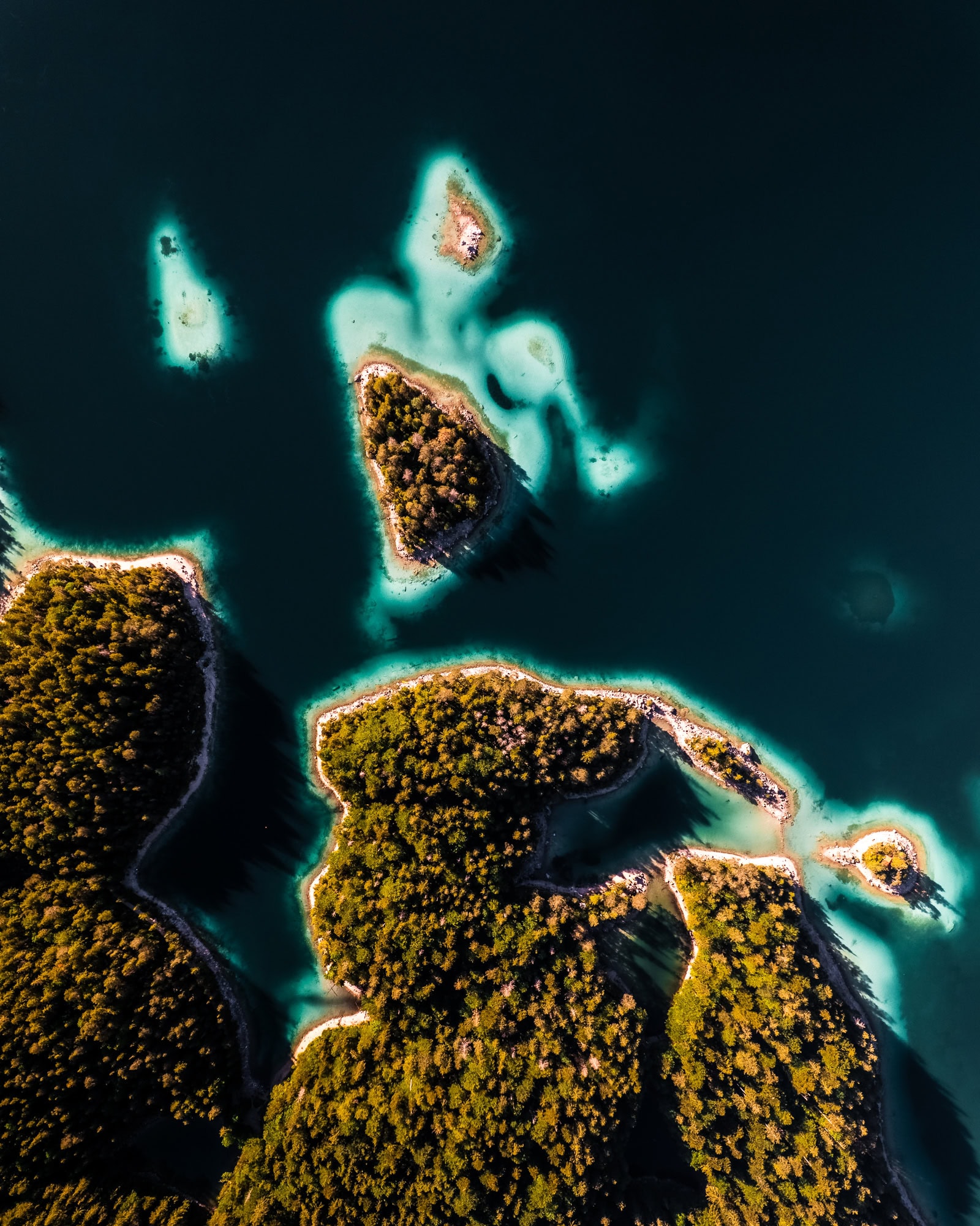 Mountain lake with trees and turquoise water from above. Top down aerial perspective.