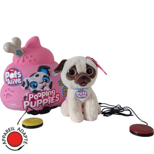 Peluche interactive Pets Alive Pooping Puppies modèle Bouledogue avec bouton connecteur, jouet adapté pour contacteurs
