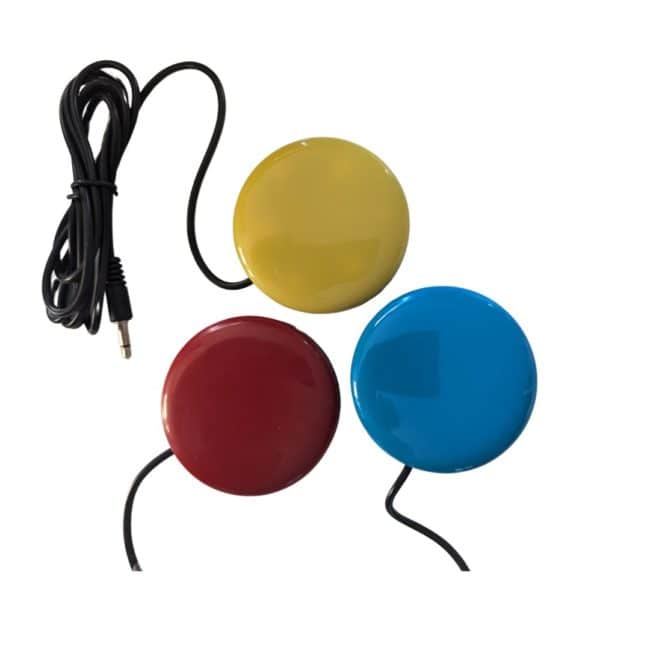 Contacteurs colorés avec couvercle en plexiglas, disponibles en bleu, rouge, jaune ou vert, compatibles avec jouets adaptés