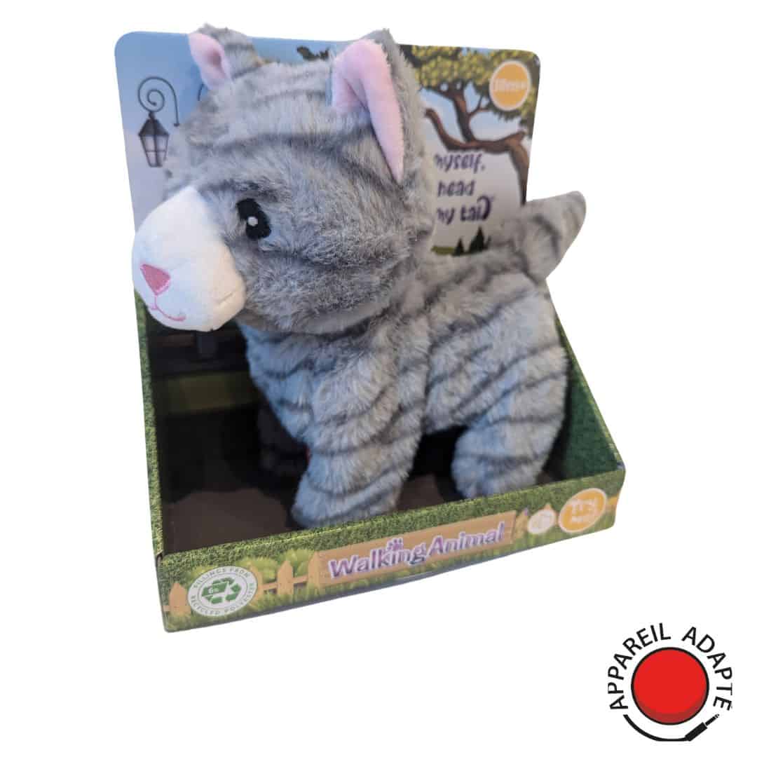 Peluche animée adaptée en forme de chat dans son emballage, activée par contacteur pour une interaction accessible