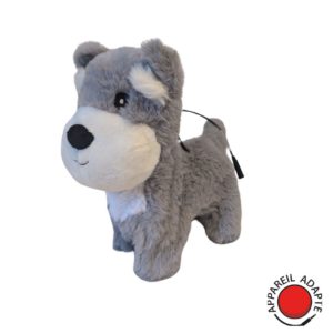 Peluche chien Fox Terrier animée et adaptée pour contacteur, favorisant l’apprentissage par le principe cause à effet