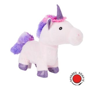 Peluche licorne rose et violette adaptée pour contacteur, idéale pour des moments ludiques et interactifs.