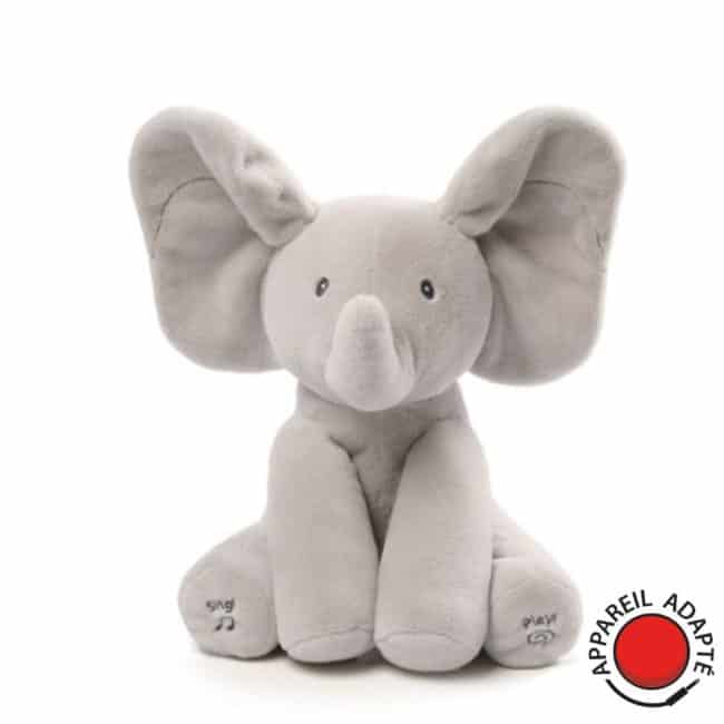 Peluche éléphant Flappy avec deux contacteurs pour activation des fonctions chant et jeu, parfaite pour l'éveil