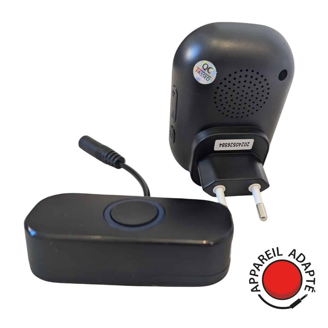 Sonnette sans fil adaptée aux personnes en situation de handicap avec contacteur. Parfait pour faciliter la communication entre aidants et utilisateurs.