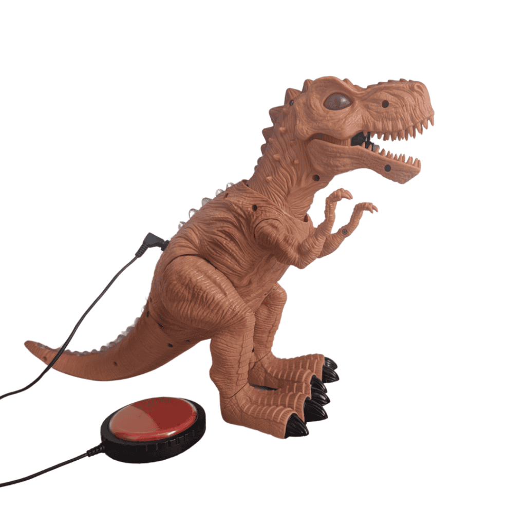 Jeux d'été pour enfant handicapé : préparons-nous à nous amuser ensemble ! 4 Jouet contacteur dinosaure CRACHOSAURE T-Rex adapté pour enfant handicap moteur