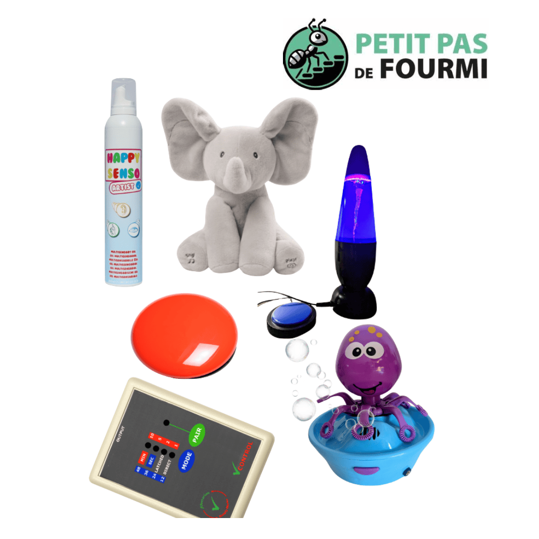 Activités adaptées handicap moteur sévère : stimuler, interagir et grandir 1 Montage de jouets et outils pour activités adaptées handicap moteur : contacteurs, lampe sensorielle, peluche, gel Happy Senso et machine à bulles