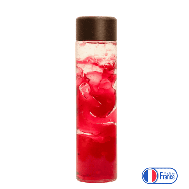Bouteille sensorielle rouge avec liquide effet lave en mouvement