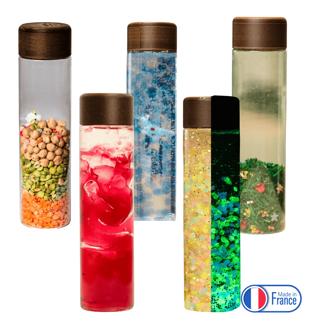 Bouteille Sensorielle Ma Petite Malle d'Éveil présentation des 5 modèles fabriqués en France par ma petite malle d'éveil