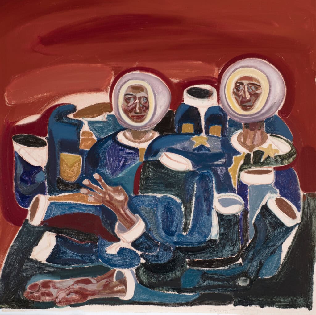 Vivid abstract painting of two figures with star-shaped faces, dressed in dark blue and white, seated around a table with drinks, set against a red background, highlighting expressive brushstrokes and bold colours.