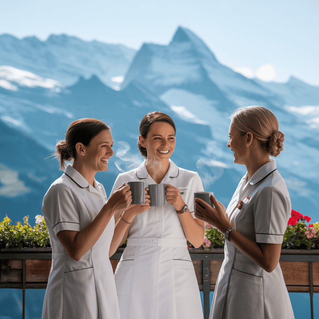 Pflegepersonal beim Kaffee auf dem Balkon mit Bergblick in der Schweiz.