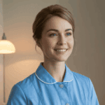 Pflege-Fachfrau in Hospiz-Umgebung, freundliche Pflegekraft mit blauer Pflegeuniform, professionelle Betreuung in der Schweiz.