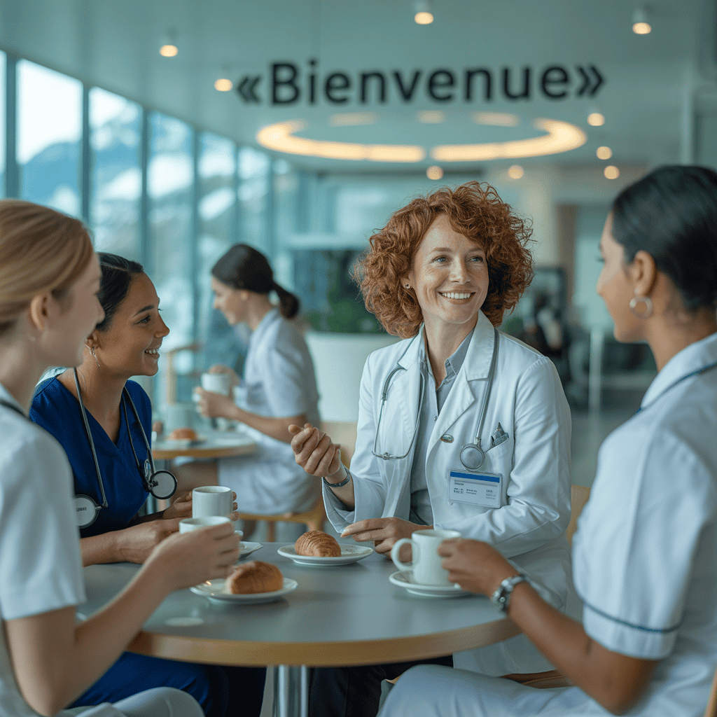 Pflegefachpersonen im Gespräch in einer Schweizer medizinischen Einrichtung, kompetente Pflegekräfte, Teamarbeit, Pflegeberufe Schweiz, Gesundheitswesen.