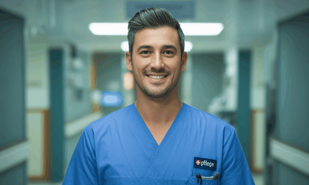 Pflegefachmann in blauer Berufskleidung im Krankenhausflur, repräsentativ für Karrierechancen im Pflegebereich in der Schweiz.