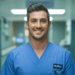 Pflegefachmann in blauer Berufskleidung im Krankenhausflur, repräsentativ für Karrierechancen im Pflegebereich in der Schweiz.