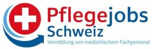 Pflege-Jobs Schweiz Logo mit rotem Kreuz und blauer Pfeil, online Jobvermittlung für medizinisches Fachpersonal in der Schweiz.