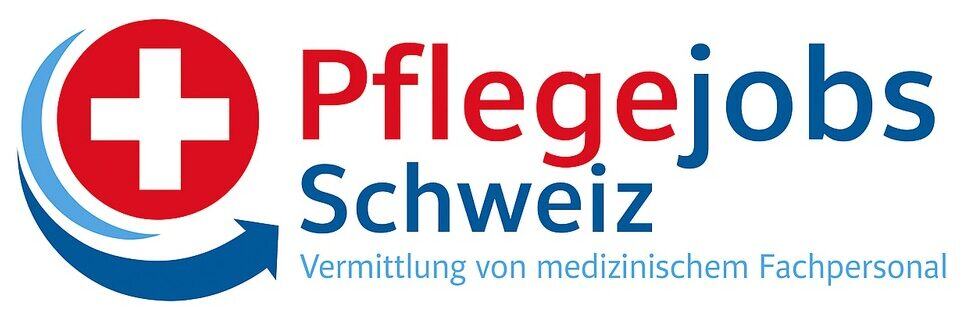 Pflege-Jobs Schweiz Logo mit rotem Kreuz und blauer Pfeil, online Jobvermittlung für medizinisches Fachpersonal in der Schweiz.